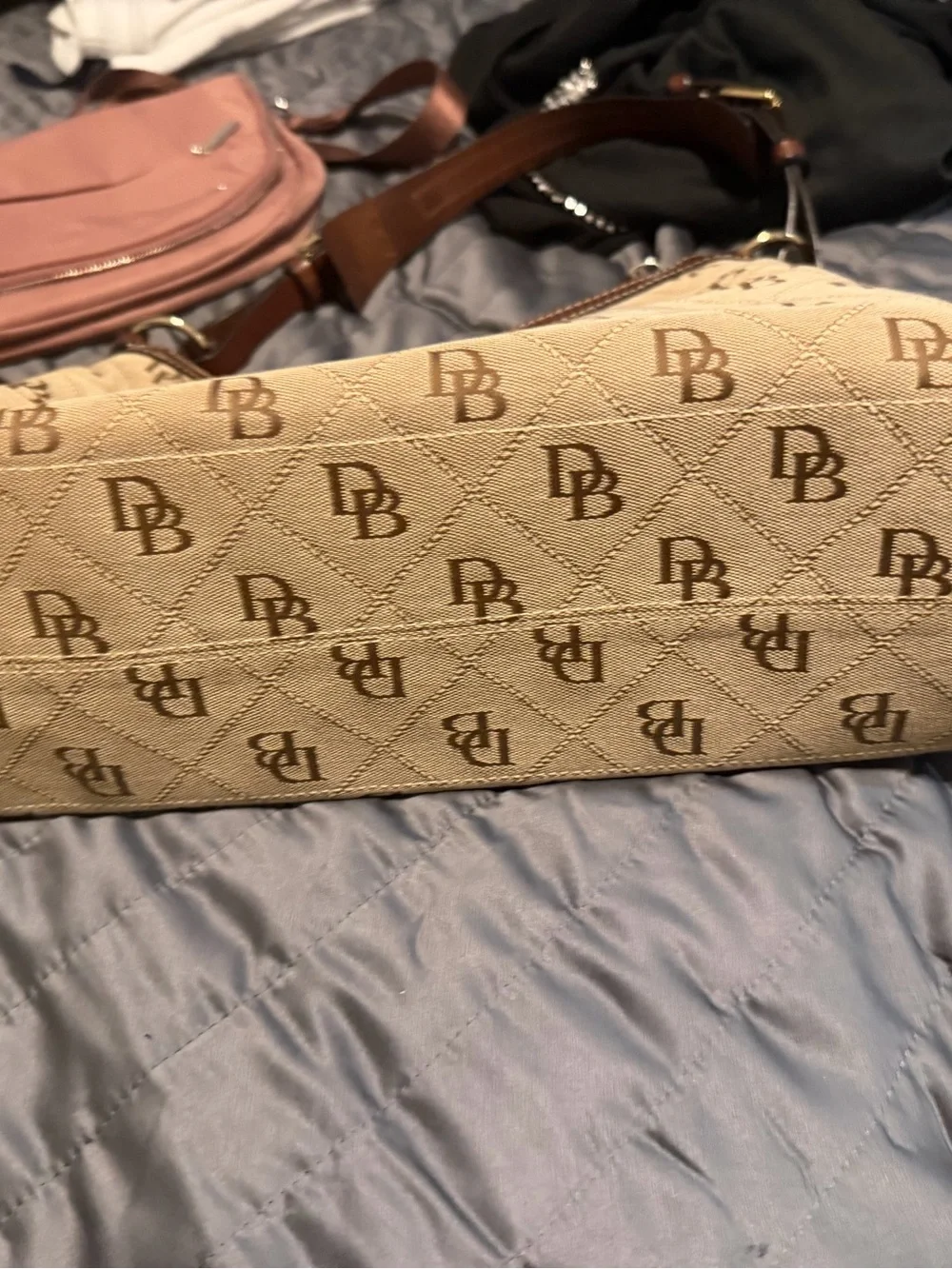 Dooney & Bourke Tan and Brown Signature Jacquard Shoulder Bag